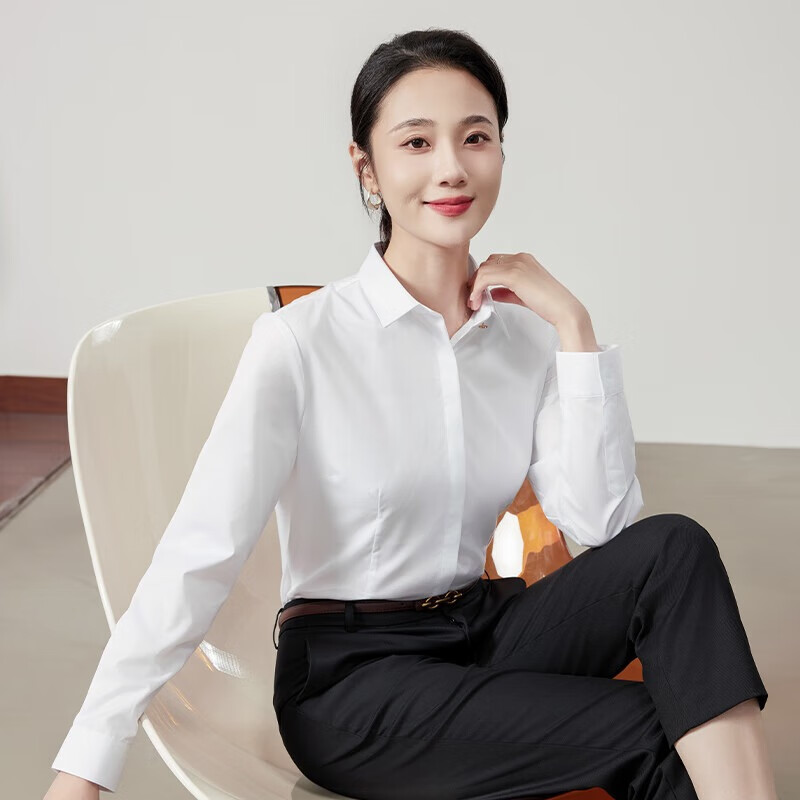 浪莎长袖白衬衫女春秋季高棉通勤职业正装气质修身高级垂感白色衬衫女 白色 -V领明门襟 38 (适合116-125斤)