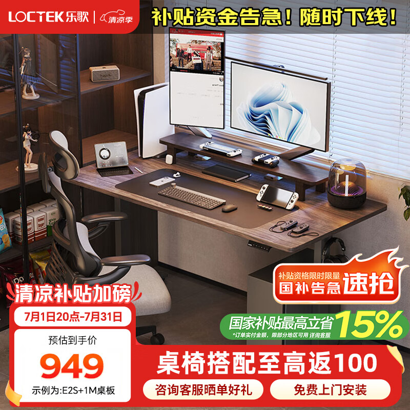 乐歌（Loctek）【国家补贴】电动智能升降桌电脑桌站立办公简约家用居家书桌E2S 【E2S】灰腿+灰木纹色桌板 1.0*0.6米桌板