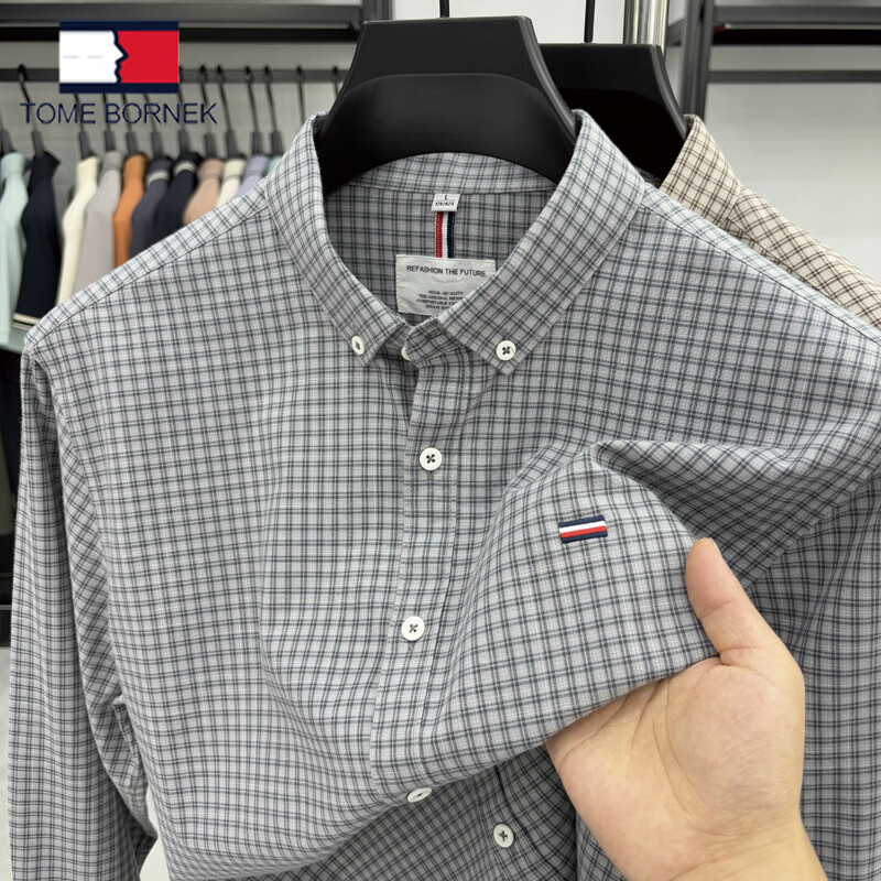 TOME BORNEK美国汤米纯棉长袖衬衫男春秋季新款商务休闲格子衬衣男装潮 绿色 L 建议125-145斤