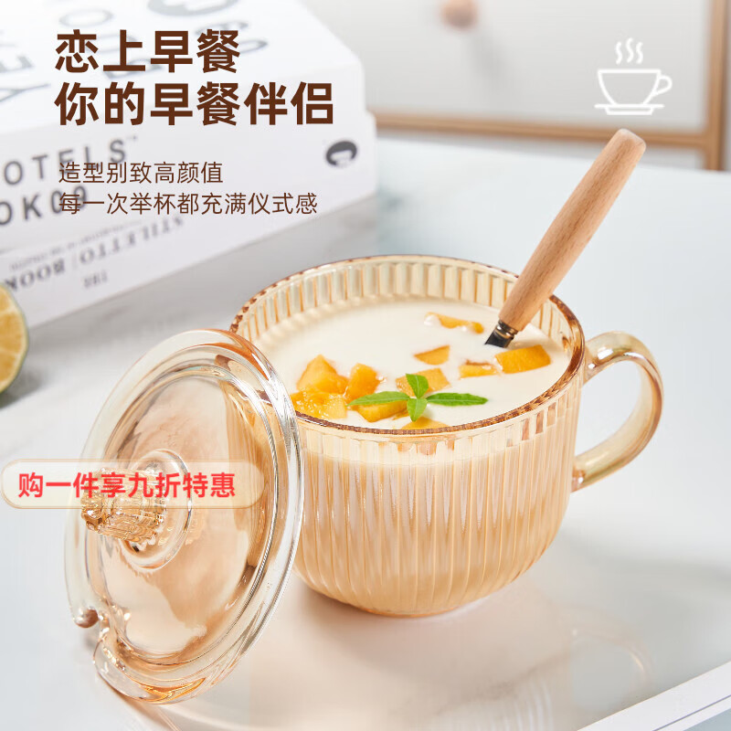 德蒂芙燕麦牛奶早餐杯家用玻璃杯大容量喝水杯带盖勺杯子女咖啡杯泡茶杯 透明竖纹早餐杯 1只