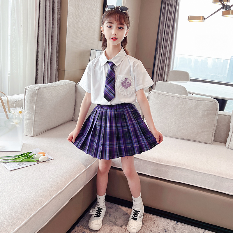 少女jk制服裙女童正板套装全套夏季裙小学生百褶裙儿童jk格裙 白色