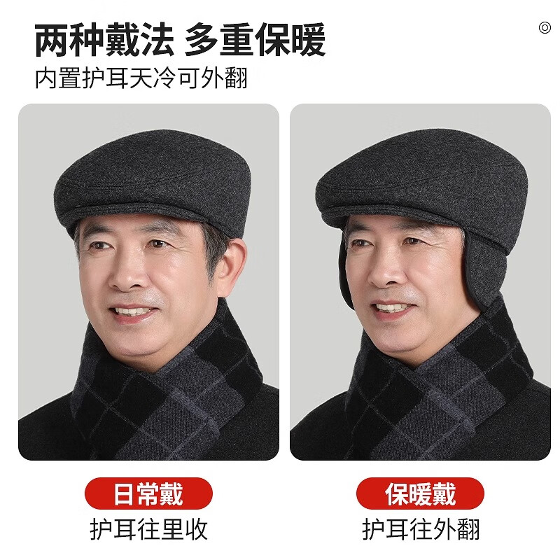 恒源祥中老年人帽子男士冬季羊毛前进帽爸爸爷爷护耳老头帽鸭舌帽 深灰色【帽子】 M 【56-58cm】