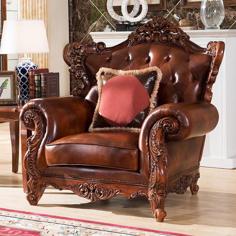 欧伦美客厅实木沙发美式欧式复古真皮沙发组合小户型简约沙发办公室