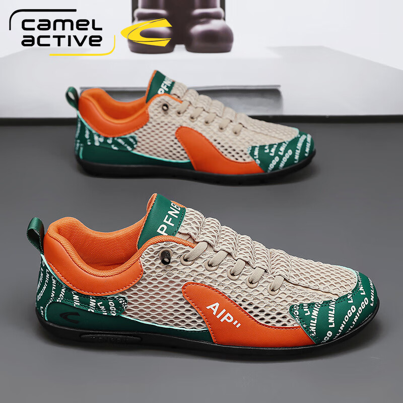 骆驼动感阿甘男鞋夏季透气防臭网面运动板鞋男士休闲跑步软底防滑豆豆潮鞋 灰色 44