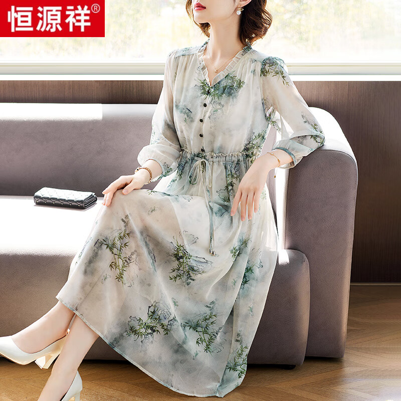 恒源祥（HYX）母親節(jié)媽媽夏裝雪紡紗袖連衣裙2025年新款中老年女裝顯瘦碎花裙子 綠色 3XL (建議145-160斤)
