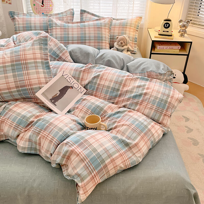 羽匠春季小清新印花四件套学生宿舍套件家用床单柔软四件套ins 彩绘格 床单款 （被套180*220cm）四件套