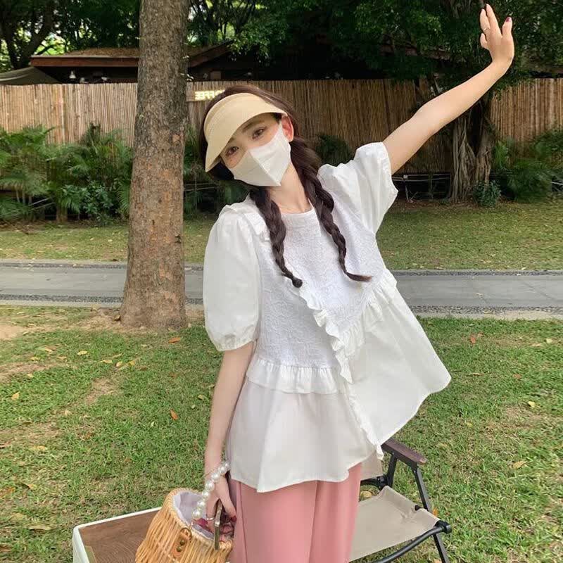 爱菲莹孕妇装夏装套装时尚两件套大码短袖衬衫宽松小个子夏季上衣 白色上衣【-单件上衣】 M【建议80-105斤】