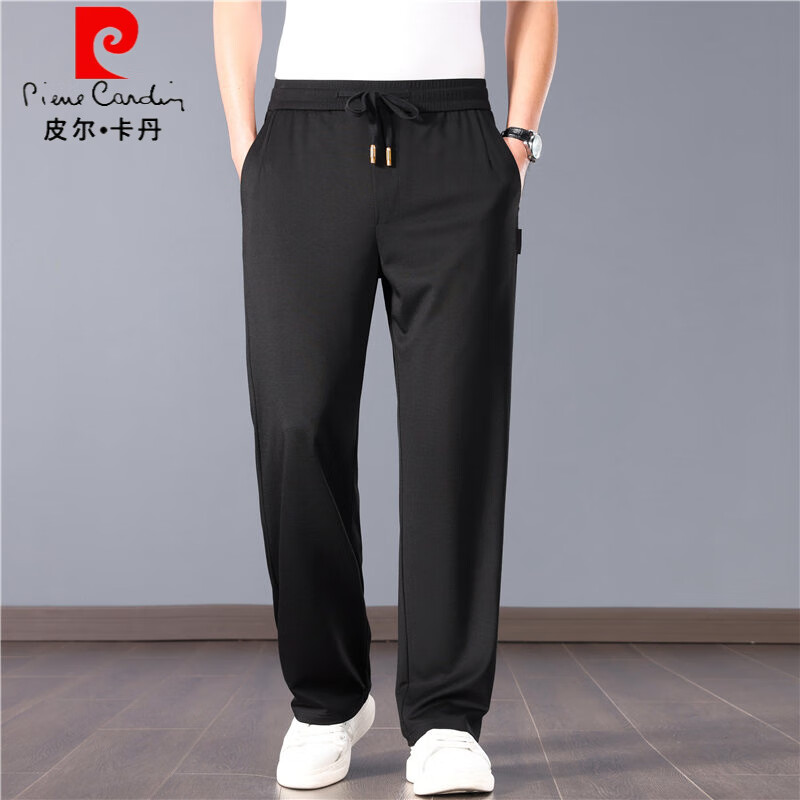 皮爾卡丹（pierre cardin）寬松闊腿男休閑褲夏季薄款中年爸爸彈力寬腿透氣冰絲人棉運動褲男 黑色 M 適合110-130斤