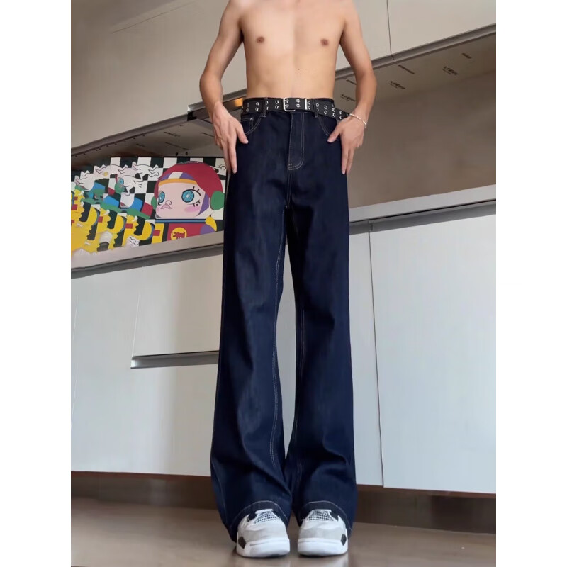 POUM美式复古丹宁风牛仔裤男款秋季潮牌高街cleanfit直筒弯刀微喇长裤 XGNNZ-C653深蓝色 3XL 推荐170-185斤