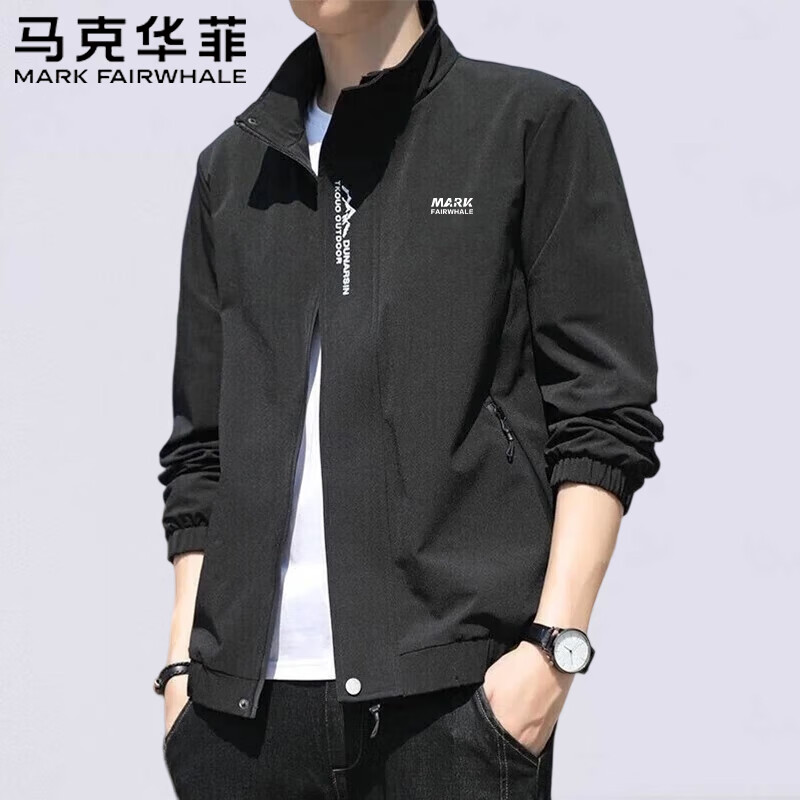 马克华菲夹克男士春秋季中青年户外休闲运动防风立领外套 黑色 M