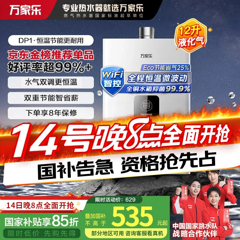 万家乐12升燃气热水器【国家补贴15%】【液化气】智能变升节能恒温微防冻以旧换新 JSQ24-12DP1(F)