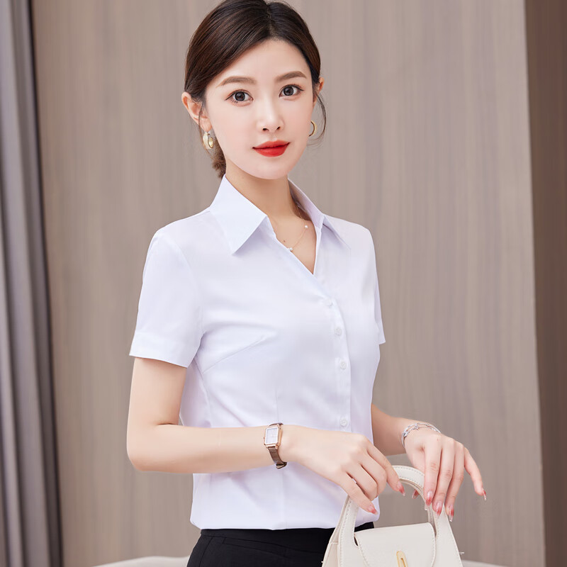 深V领白色衬衫女短袖职业2026新款夏季气质修身通勤工作服装免烫 白色 (V领) 4XL (150-160斤)