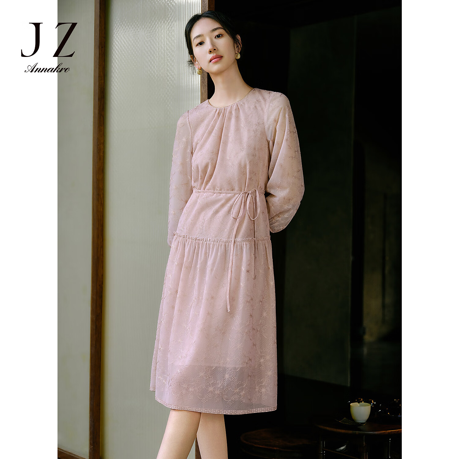 玖姿·安娜蔻【非遗宋锦钱小萍联名】新中式连衣裙女2025春季新款 花粉红 M