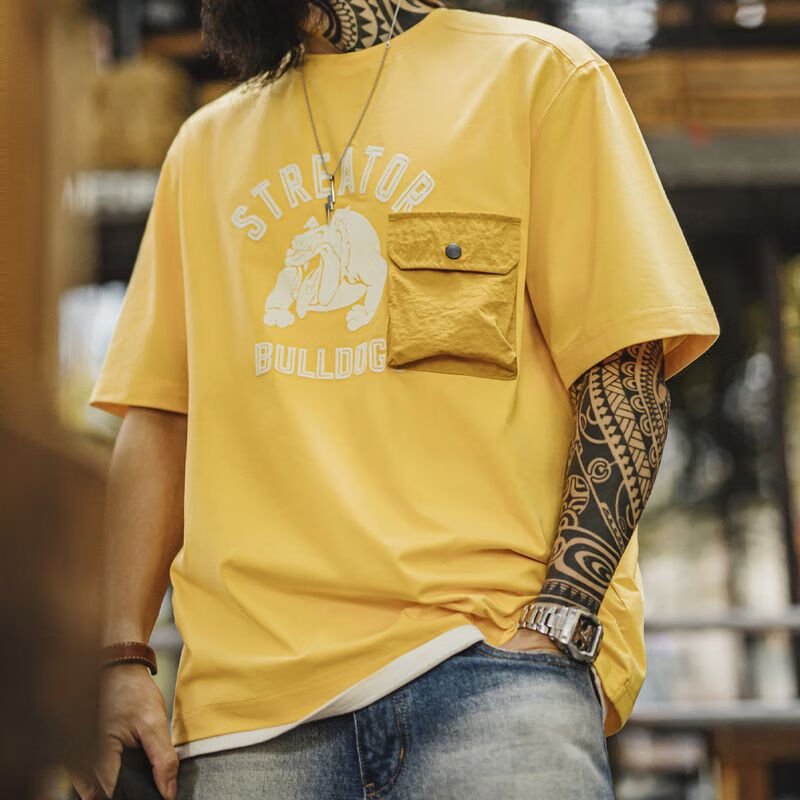 马登工装美式复古植绒印花T恤男夏季宽松透气口袋短袖男士半袖衫上衣 金沙黄 【斗牛犬 印花】顺丰包邮 M