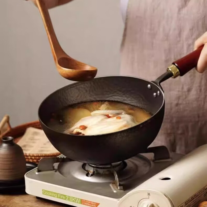 谭铁匠章丘大肚铁锅小奶锅无涂层健康宝宝婴儿辅食锅迷你雪平锅炒菜铁锅 圆底辅食锅5-8人用【带锅盖】已开锅 28cm