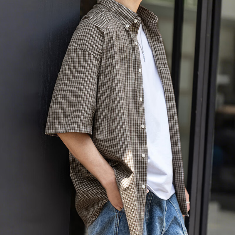 Mr.AIVY格纹短袖衬衫薄款蓝色纯棉休闲宽松半袖衬衣外套男夏 MRA男装  咖色 2XL