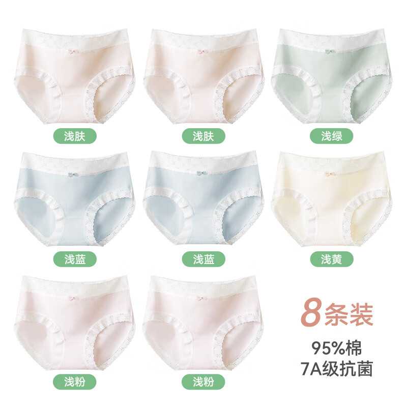 茵可可女士蕾丝内裤抗菌无痕透气聚乳酸可爱棉大码宽松三角裤女 【8条】2浅肤+2浅蓝+2浅粉+浅绿+浅黄（抑菌独立包装） L 【80-120斤】