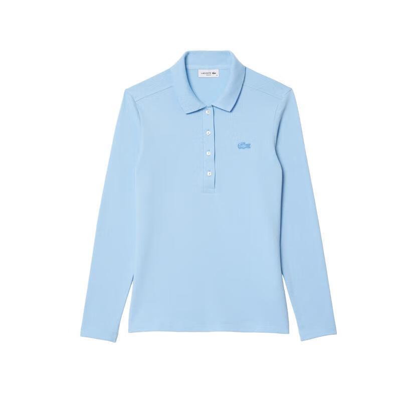 LACOSTE女式長袖修身棉質 Polo 衫 彈性纖維 母貝扣 四粒扣 小立領 優(yōu)雅 藍色 均碼 |38