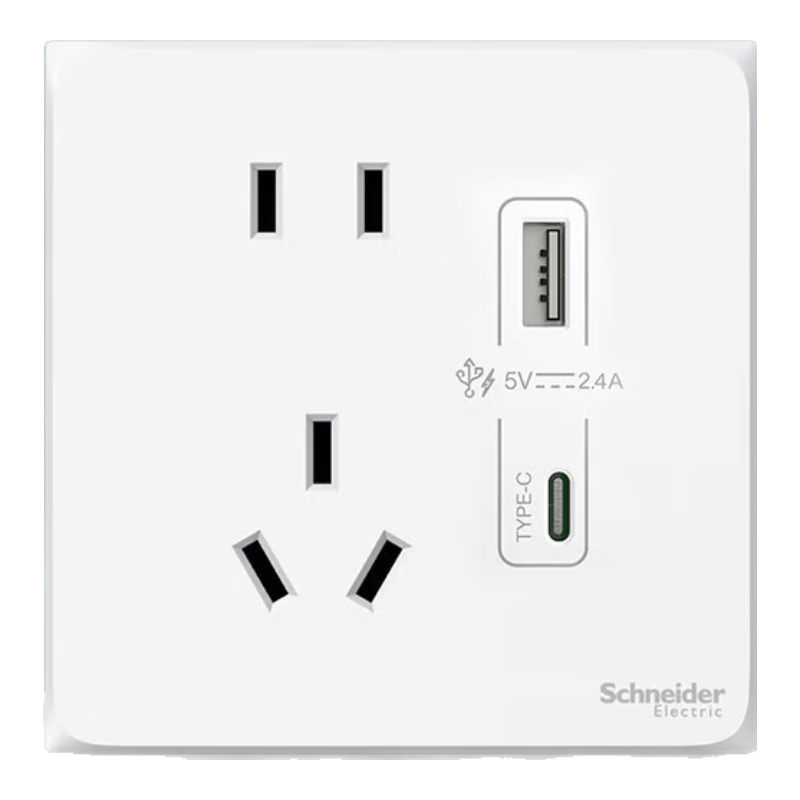 施耐德電氣 五孔帶USB+type-C 電源充電插座面板 86型暗裝插座 皓呈奶油白色