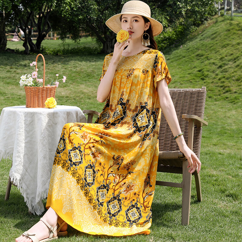 喜圣多媽媽棉綢連衣裙外穿有口袋中老年夏季加肥加大寬松遮肚裙子女 棉綢13號色 2XL 建議120-140斤