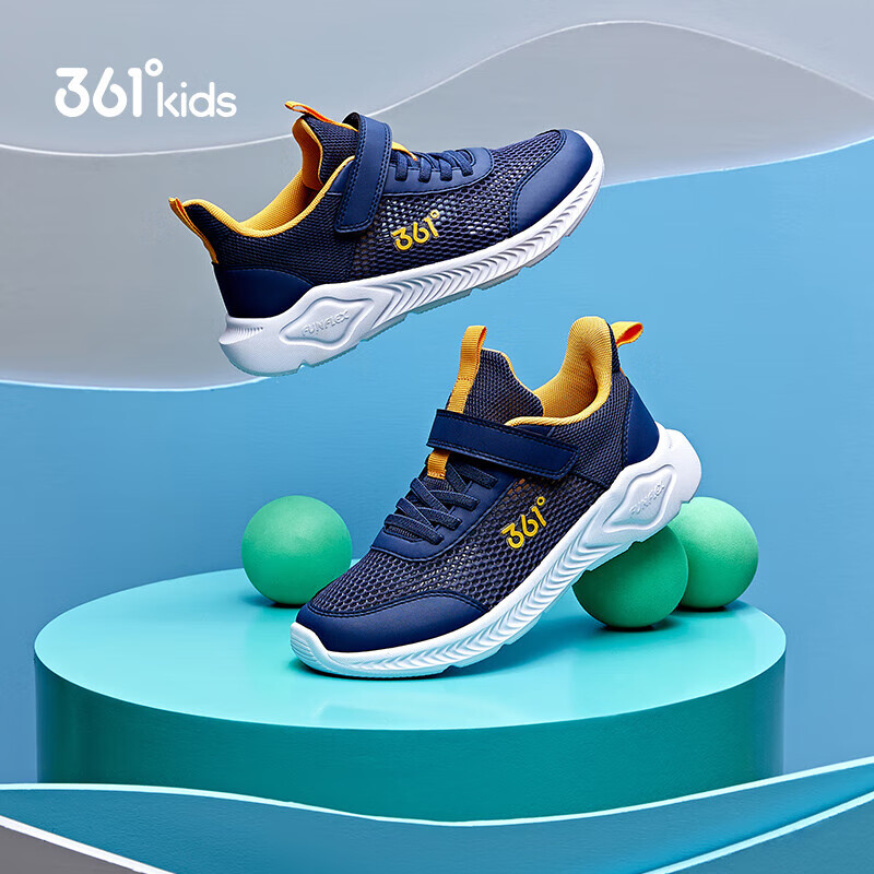 361°儿童运动鞋男童跑鞋夏季大网孔轻便魔术贴女童休闲透气运动鞋 【大网孔】墨蓝/芒果金黄色 36