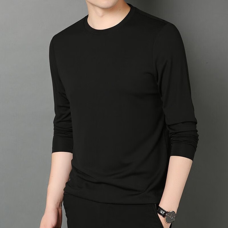 【厂家直供】桑蚕冰丝t恤男长袖薄款春秋卫衣内衣夏季速干圆领冰 黑色圆领长袖 5XL 【建议180-200斤】