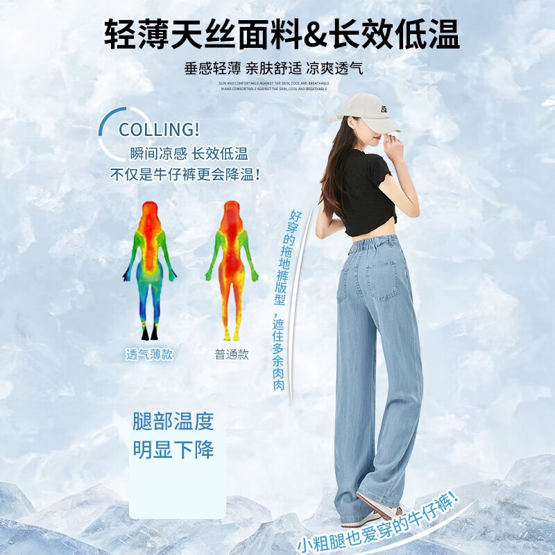 翊尚美天丝牛仔裤女2025年夏季新款阔腿裤女薄款宽松小个子高腰直筒裤 浅复古蓝 【冰感天丝热销款】 L 【适合101-115斤】