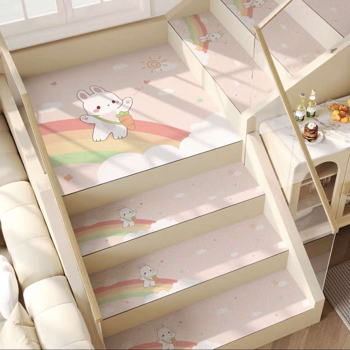 吉品帝卡通楼梯垫踏步垫自粘防摔防滑脚垫台阶地毯泥地垫 彩虹小兔泥