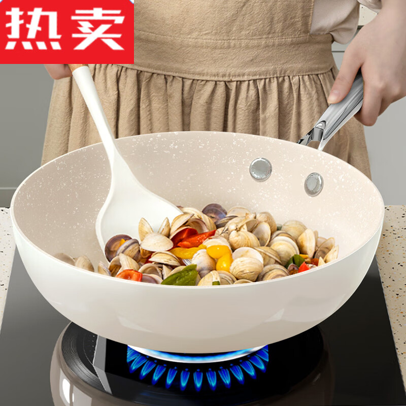 Count Qiabei日本进口品质厨食言陶瓷炒锅不易粘锅家用炒菜锅麦饭石平底深煎锅 陶瓷不粘炒锅(带玻璃盖) 28cm