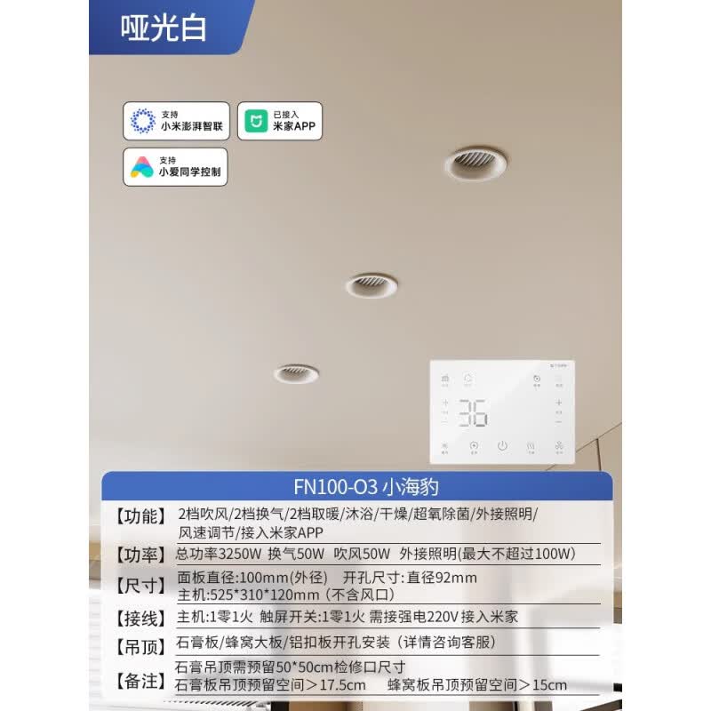 巴洛斯顿（BALUOSIDUN）石膏板吊顶线性浴霸风暖隐藏式蜂窝大板暖风机换气扇一体 FN100-O3奶油白/极隐/超氧除菌/