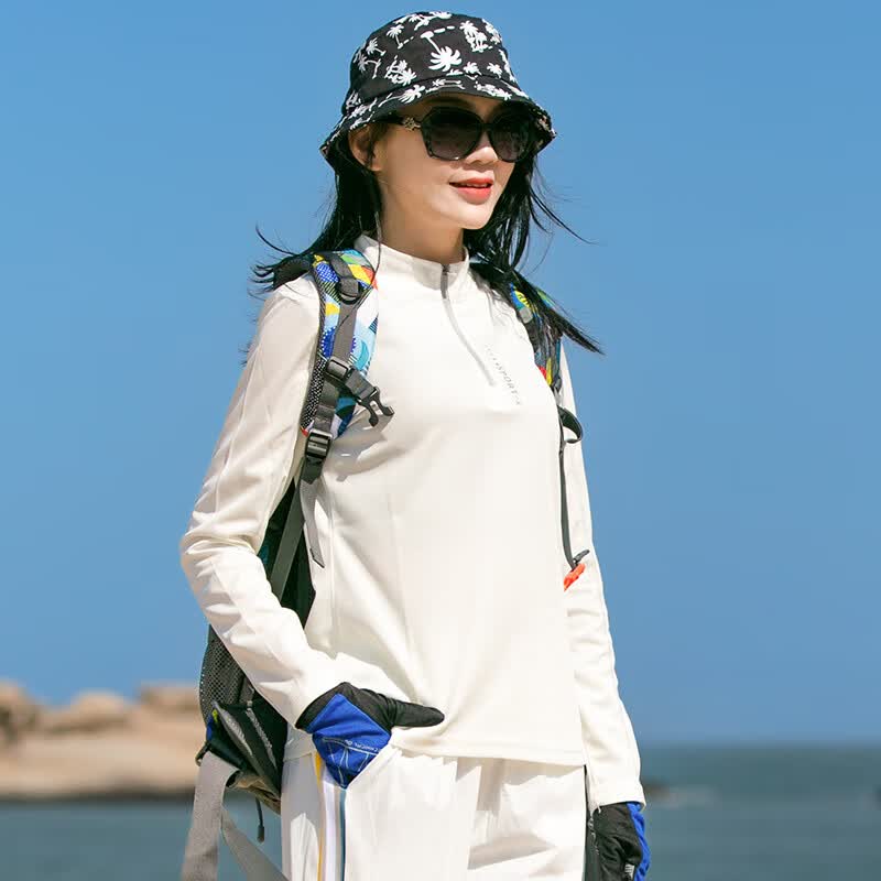 罗蒙户外速干衣女 夏季休闲旅行登山立领长袖合身显瘦弹力透气T恤女 本白色 XL