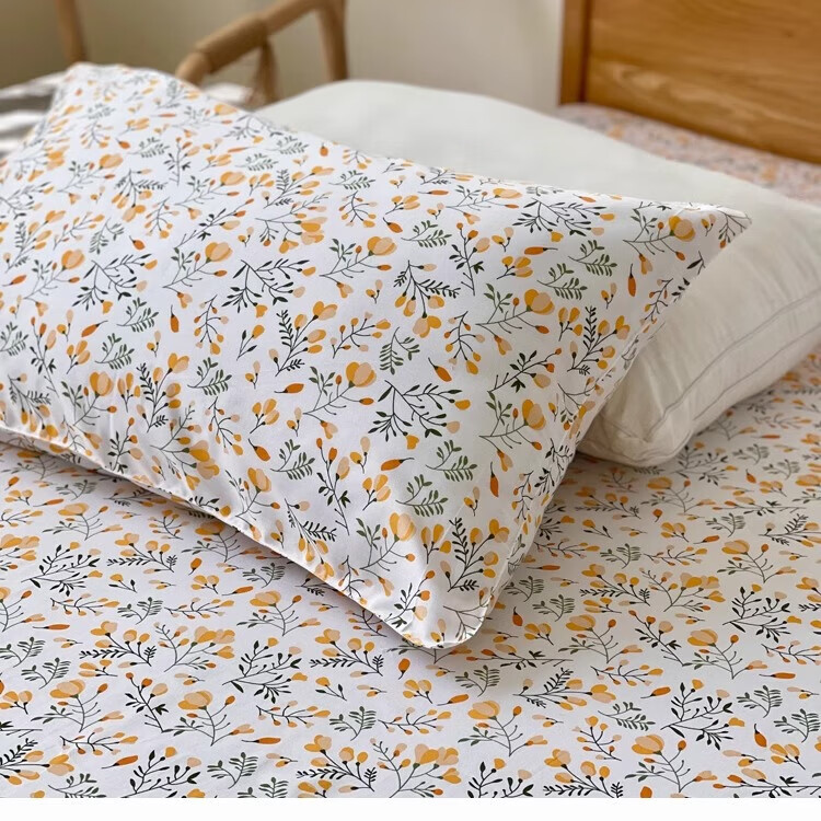 林夕一晨小碎花床单被套纯棉斜纹活性印花单件被罩单双人网红学生 亮橘郁金香 150*200床笠1件