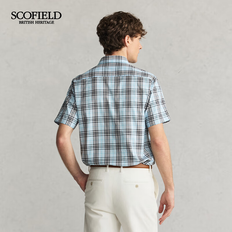 Scofield男士25夏季新品舒适棉质时尚休闲通勤经典格纹短袖衬衫 蓝色 L (175)