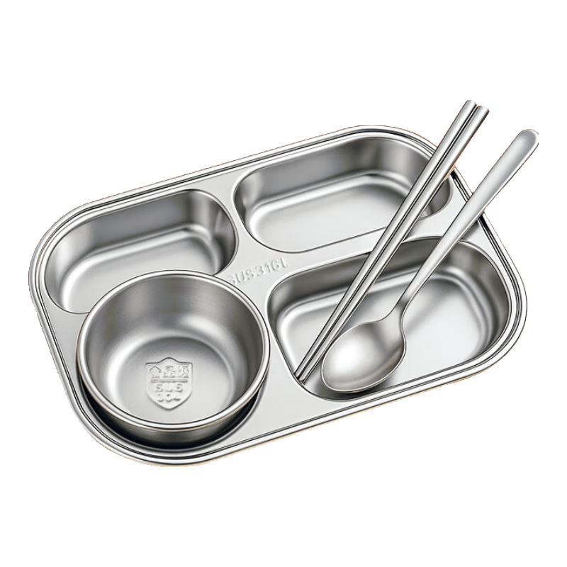 百畅316L不锈钢分格餐盘上班族成人学生食堂打饭快餐盒家用吃饭盘 316L餐盘深4格+304钢盖+碗筷勺