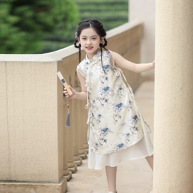 旗鉑旗袍女童夏季2025新款兒童演出漢服國風(fēng)旗袍裙 煙柳 150