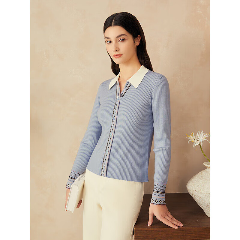 YINER音儿专选2025年春季【费尔岛纹】撞色POLO领真丝羊毛针织衫 浅蓝 XL 42