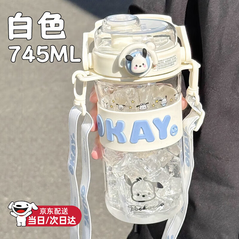 基歐歐蒂塑料水杯女生高顏值夏季吸管雙飲水杯大容量杯子便攜學(xué)生兒童杯子 白色 +背帶【贈(zèng)DIY貼紙】745ml