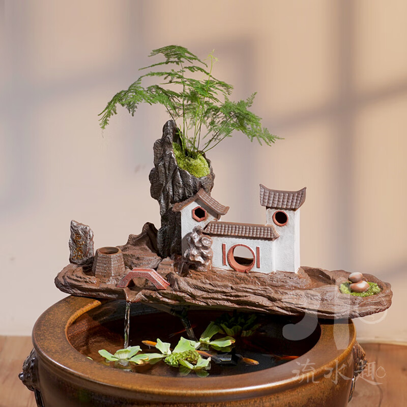 流水趣水缸荷花陶瓷創(chuàng  )意流水器造水景配件假山石槽魚(yú)缸循環(huán)擺件過(guò)濾裝飾 飲水思源60cm_贈文竹＋青苔_不含