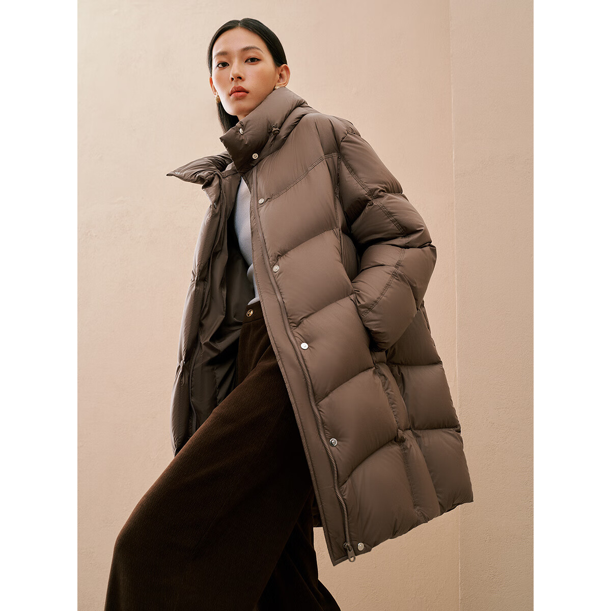 太平鸟女装轻羽绒合集反季清仓白鸭绒羽绒服简约时尚短款中长款 咖色连帽中长款羽绒服 L
