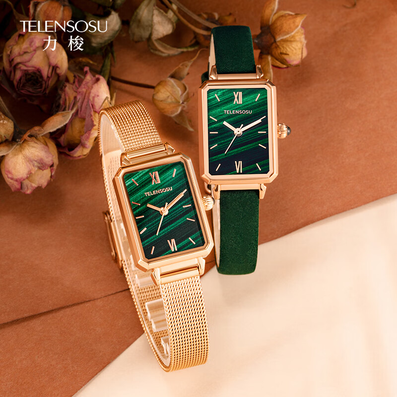 TELENSOSU 力梭品牌女士手表轻奢小众星空手表女款高级感女表情人节生日礼物 【免费刻字】绿绒皮-小绿表 礼物高档