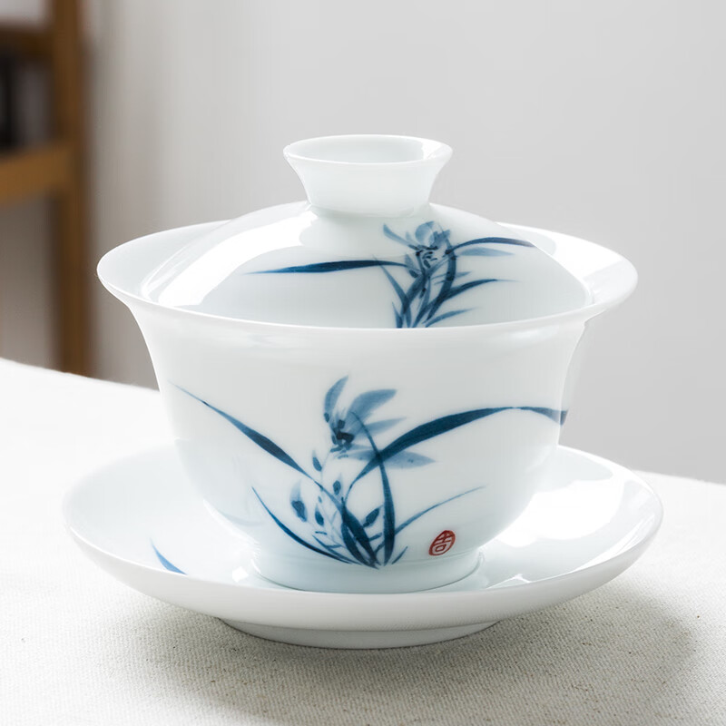 白瓷蓋碗 蓋碗景德鎮(zhèn)蓋碗茶杯大號手繪三才蓋碗茶杯白瓷單個青花瓷功夫泡喝敬沏陶瓷茶具中式 蘭花款(滿杯150ml)
