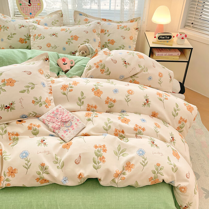 羽匠加厚磨毛小清新印花四件套学生宿舍套件家用床单柔软四件套秋冬季 春田花花 床单款 （被套150*200cm）三件套