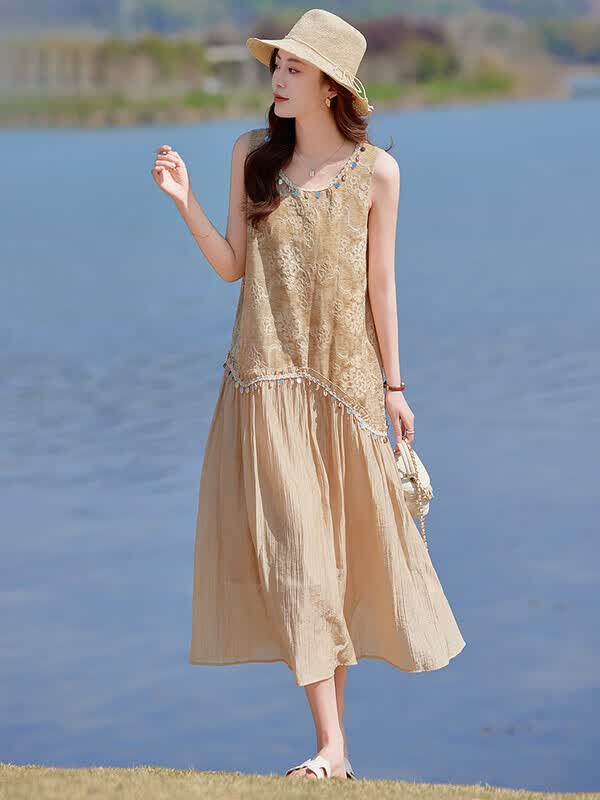 罗蒙（ROMON）高端亚麻棉麻无袖背心连衣裙女夏新款高级感海边度假显瘦雪纺长裙 蓝色 M  （100斤以内）