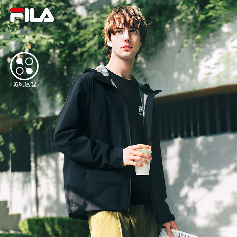 FILA 斐乐官方情侣梭织外套25秋新健身户外运动防风透湿连帽上衣 正黑色-BK XL 180/100A/XL