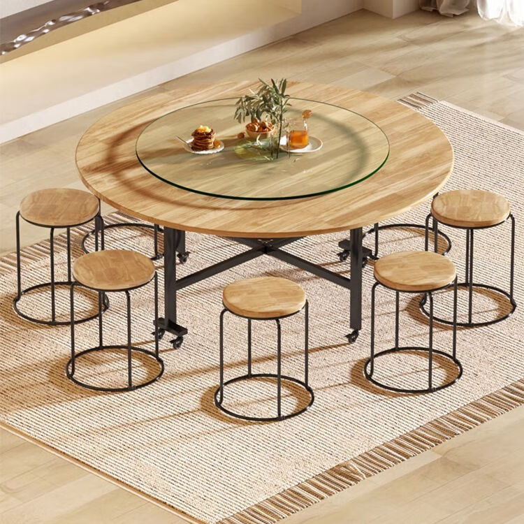 越灏实木折叠餐桌家用小户型新款简约吃饭圆桌子可折叠多功能移动饭桌 1.8米桌+1.2 转盘【14把圆凳】