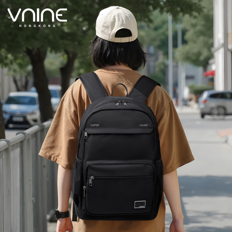 第九城(V.NINE)双肩包男生大容量背包女士简约百搭笔记本电脑包大学生书包 曜石黑