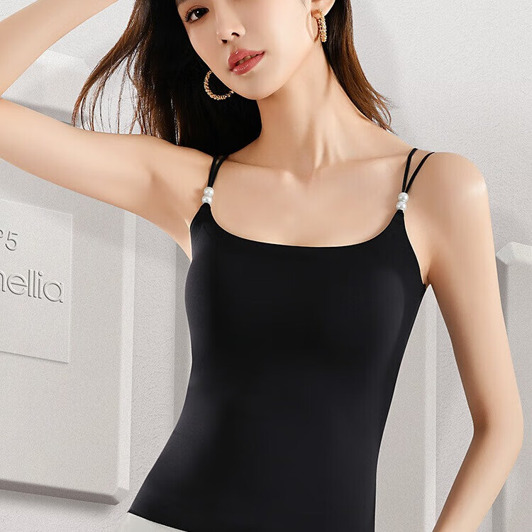 尚仪美吊带背心女带胸垫可外穿洋气免穿内衣女一体式文胸夏季内搭上衣 10A抗菌-黑色短款-性感小蛮腰 M (80-100斤)