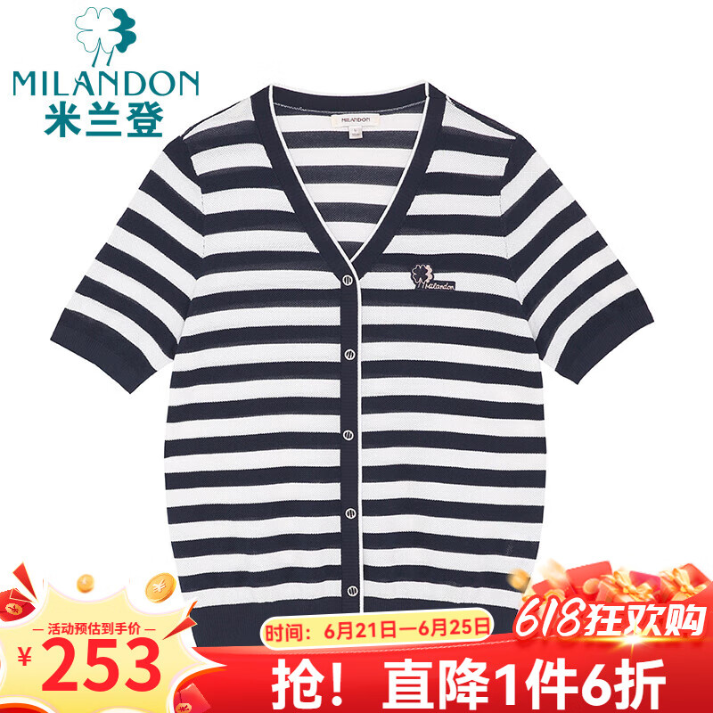 米蘭登（MILANDON）2024夏季新款中老年女裝媽媽裝V領(lǐng)條紋短袖針織衫女薄款1P2W1022 藏蘭條 XL