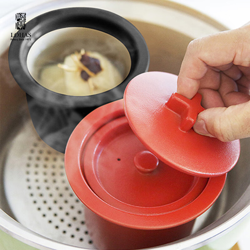 陆宝家用健康陶瓷炖盅隔水带盖十字炖罐400ml 给宝宝蒸蛋煲汤燕窝盅 富贵红 400ml
