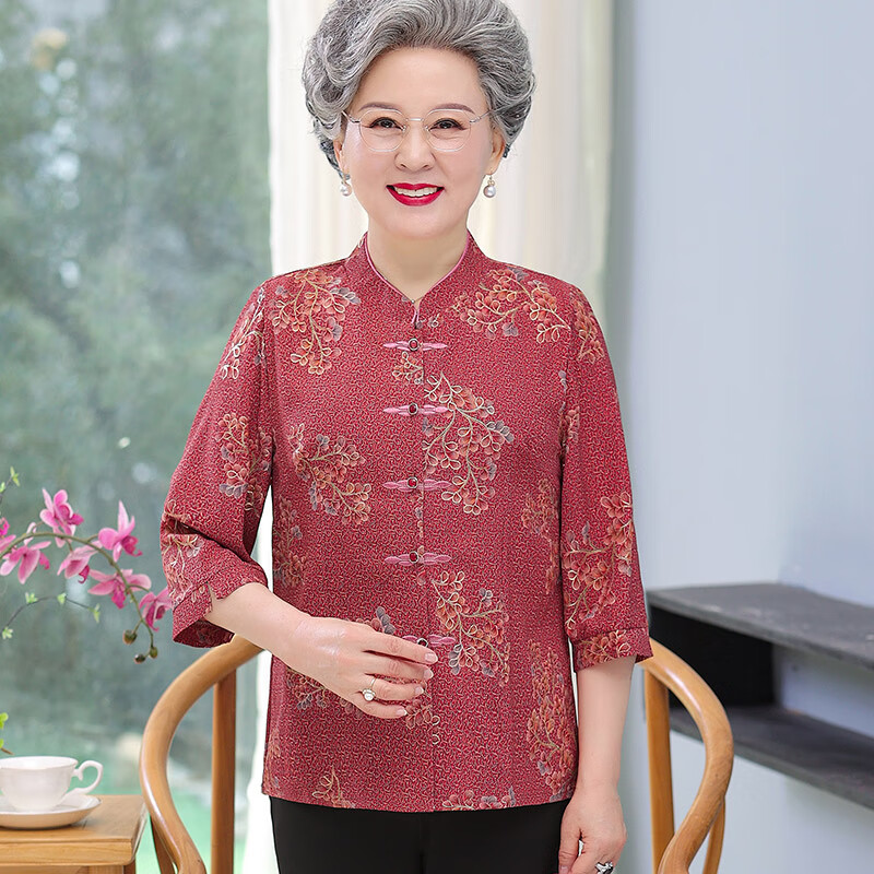 榄舍女装奶奶夏装衬衫七分袖两件套装中老年人妈妈70岁老人衣服中年 1